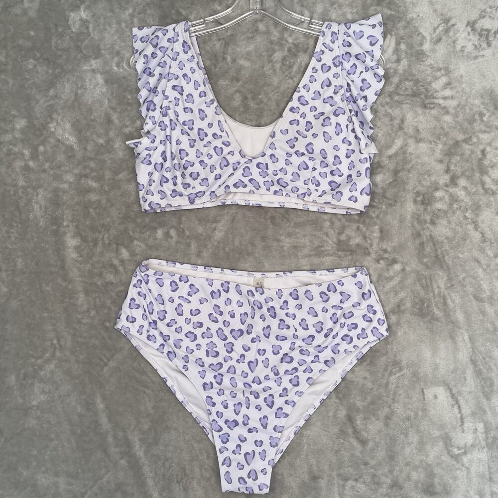 SHEIN Swimsuit Womens XL Purple Animal Print Ruffle High Waist Two Piece Swim